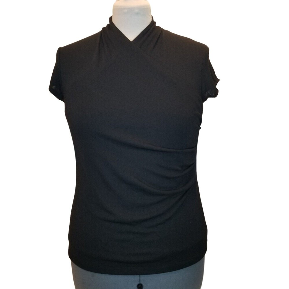 Isaac Mizrahi For Target Blouse Size L  Black Faux Wrap High Neck Side Gather